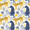 cute seamless pattern with hand drawn leopards, bananas. lemons and palm leaves.